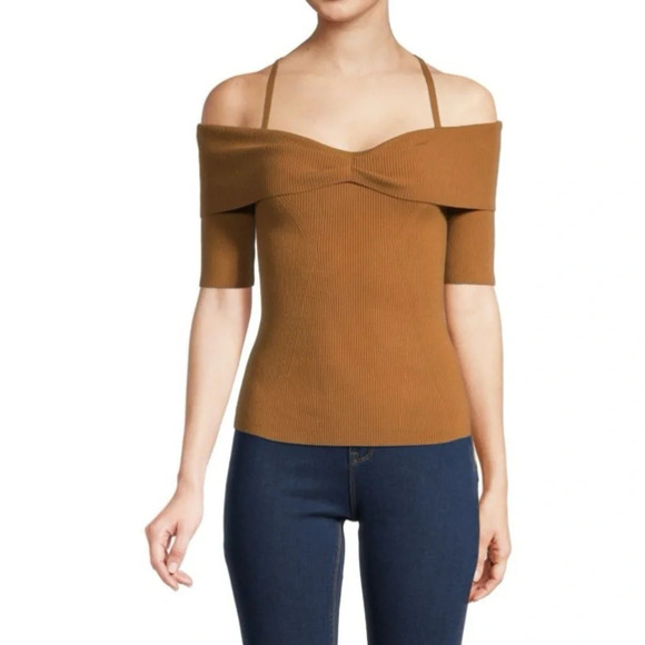 Bailey 44 Sweaters - Bailey 44 Camel Off Shoulder Top L Long Sleeve Ribbed Stretch Casual NWT